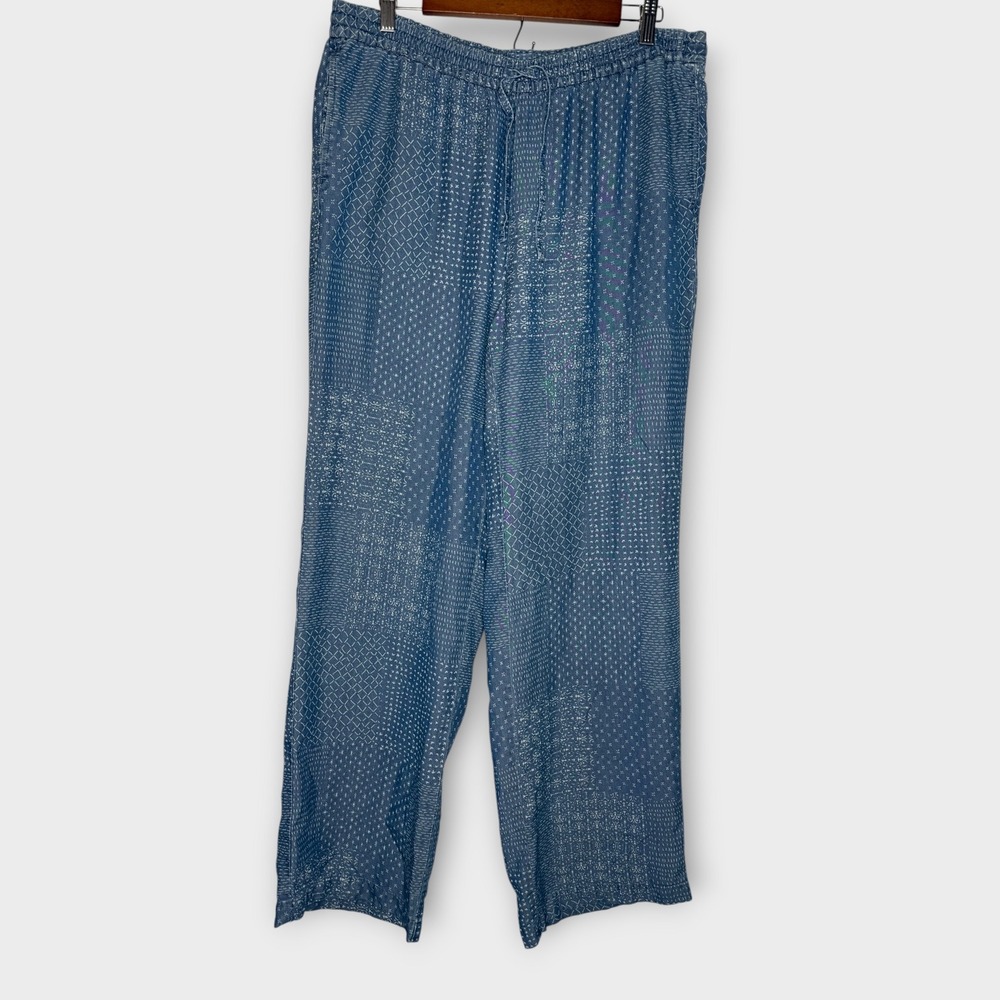 J. Jill Patchwork Pants Chambray Blue White Boho Wide Leg Flowy Pull On Sz Large